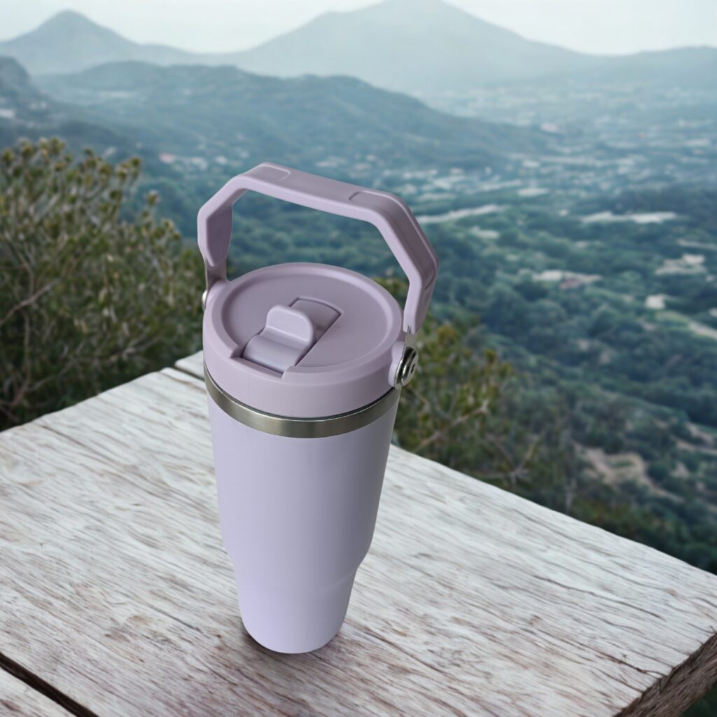 30oz Tumbler Lilac Haze Top Side View with Handle Up and Mountains.