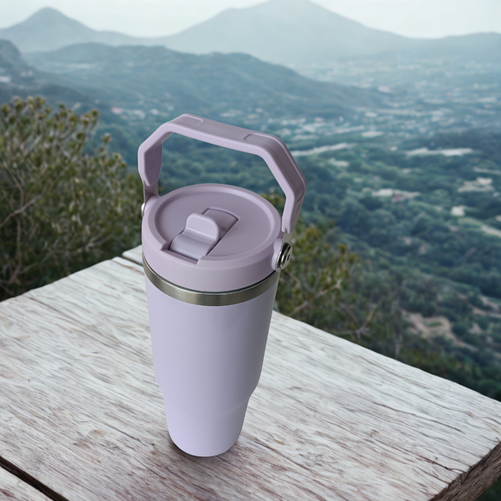 30oz Tumbler Lilac Haze Top Side View with Handle Up and Mountains.