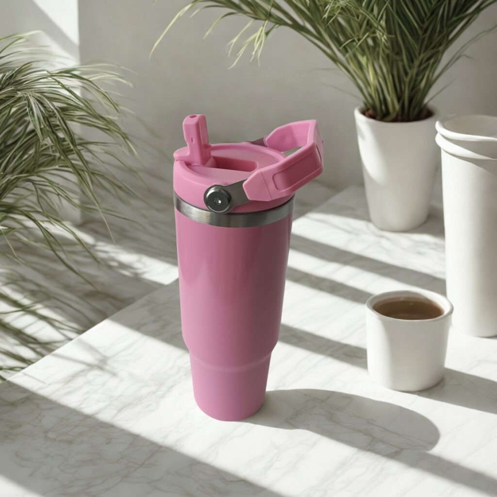 Side view of Rose Dust tumbler with flip straw raised and handle in a semi-upright position