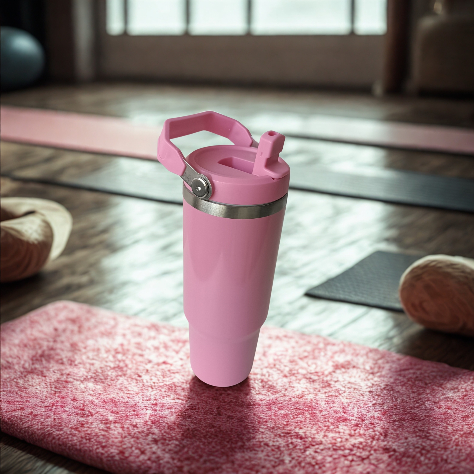 Side view of the Rose Dust tumbler on a yoga mat with straw raised and angled handle