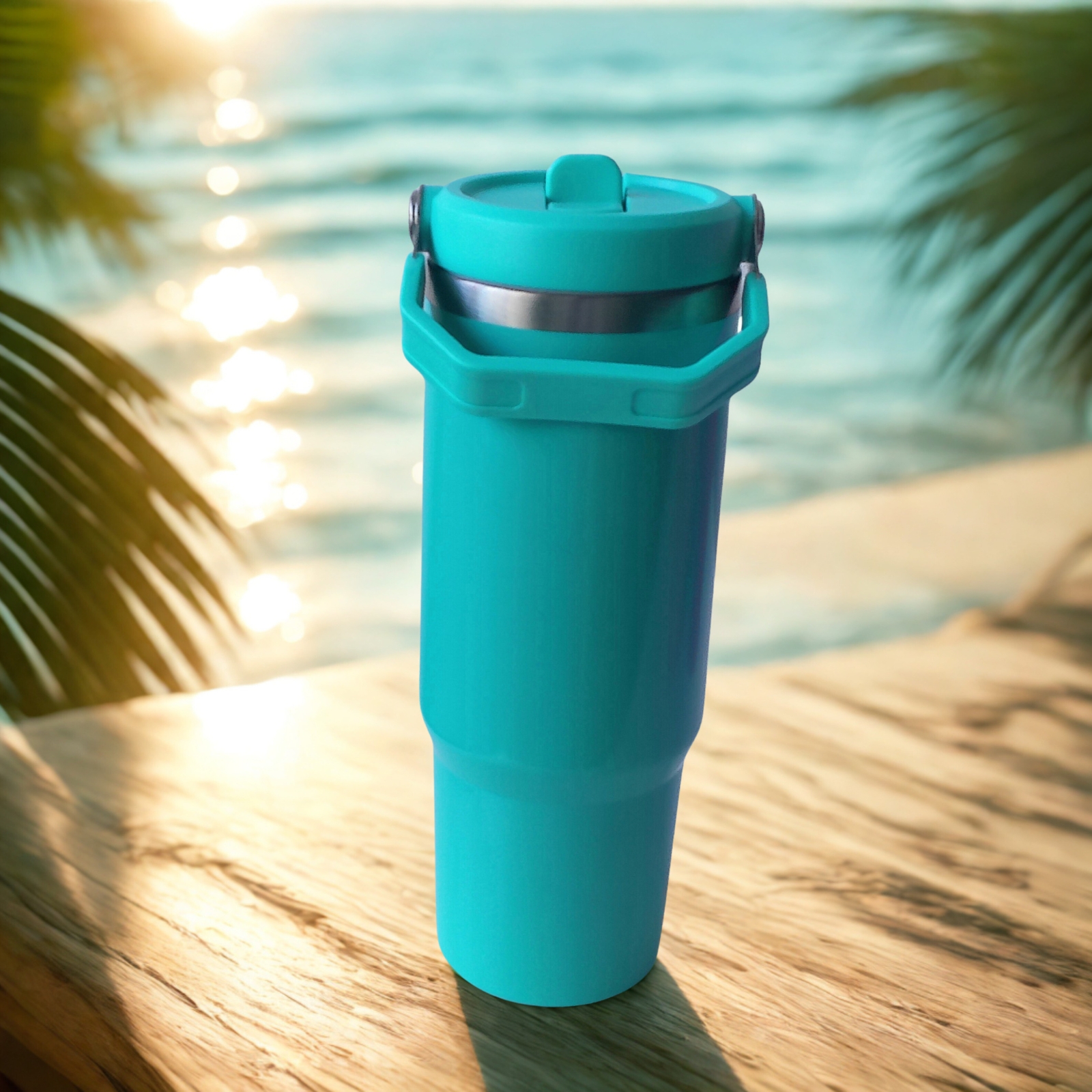 Front view of the Tropical Turquoise tumbler with lid closed and handle resting down, placed on a wooden surface by the ocean at sunset