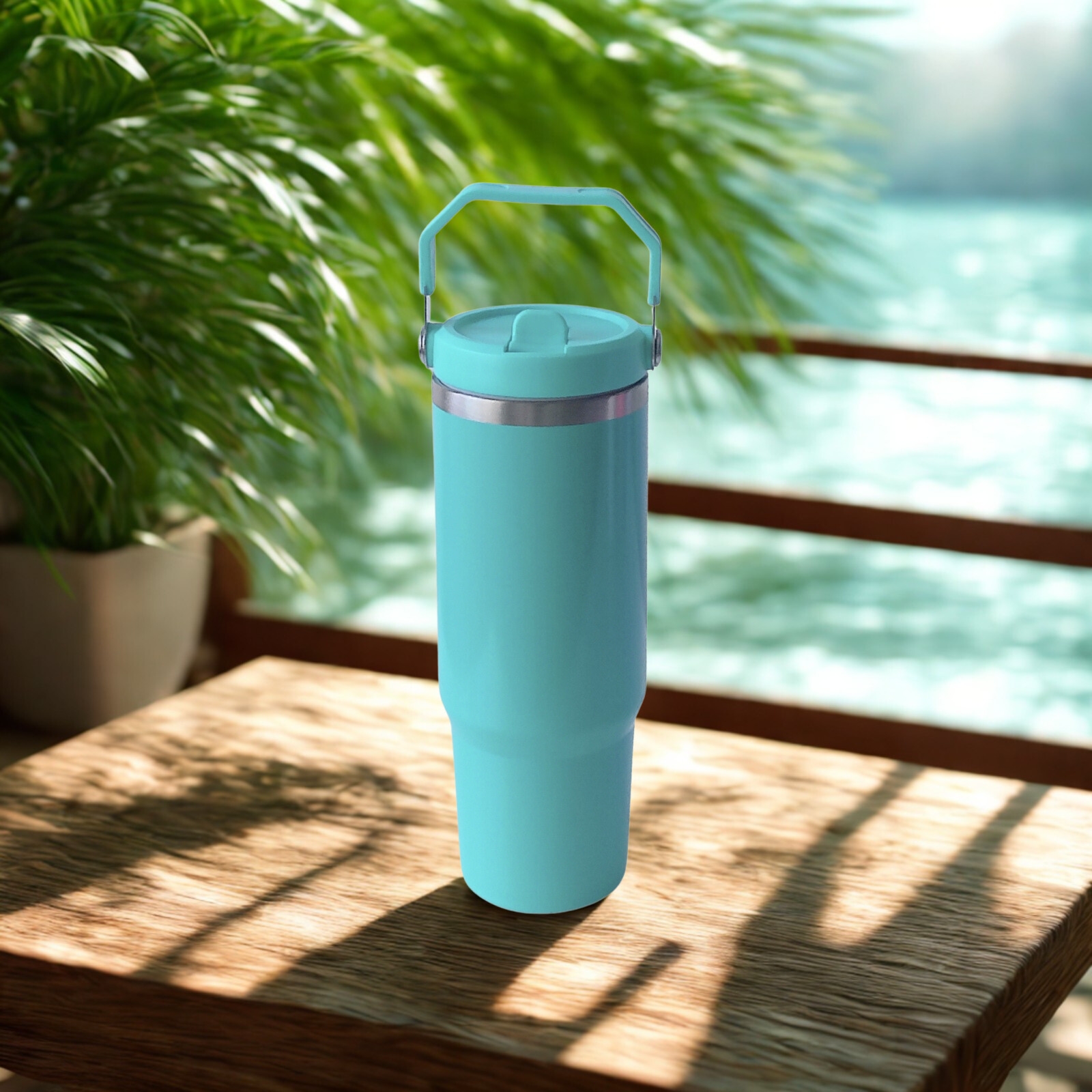 Front view of the Tropical Turquoise tumbler with closed lid and upright handle, placed on a wooden table near water and greenery