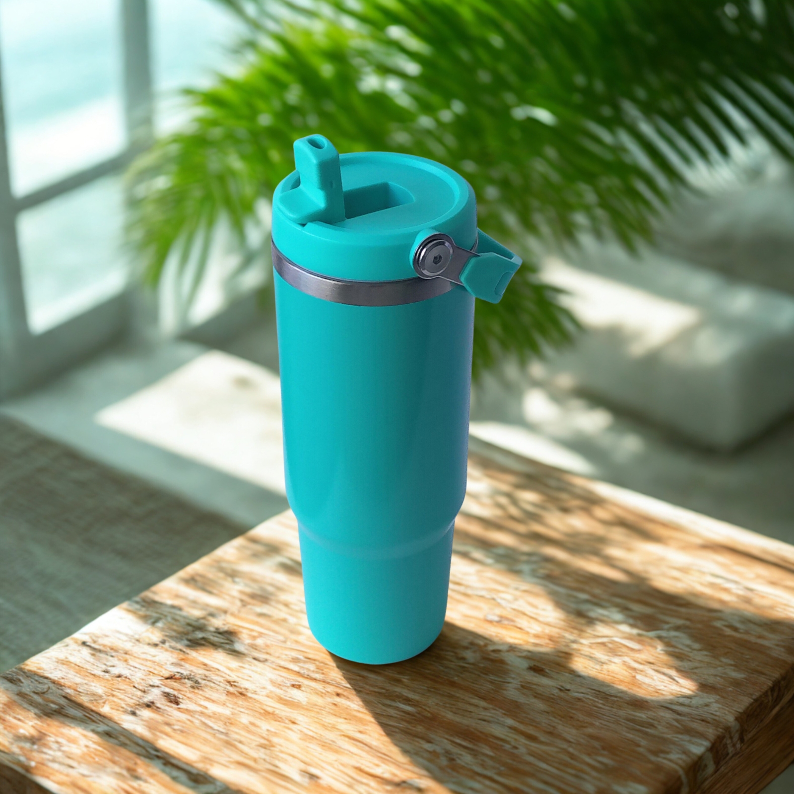 Side view of the Tropical Turquoise tumbler with raised straw and handle down, placed on a wooden table with sunlight and palm shadows
