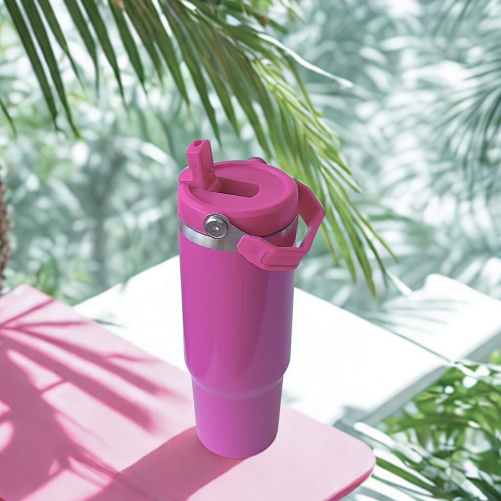 Side view of the Wildberry Pink tumbler with raised straw and handle folded down, placed on a pink surface with palm leaves in the background