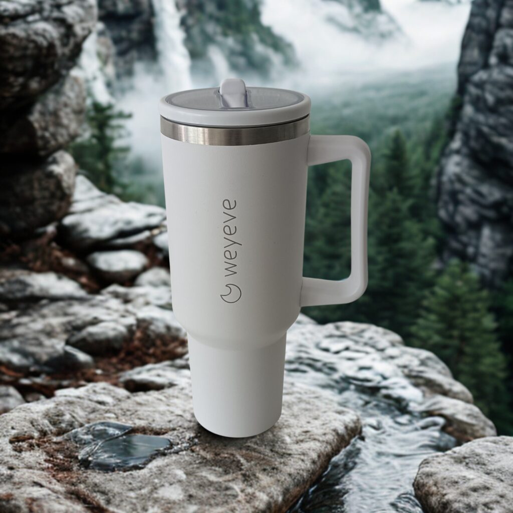 40oz Travel Tumbler White - table, mountains, forest, plants, cloudy frost white, modern contemporaty minimalist interior, nature (1)