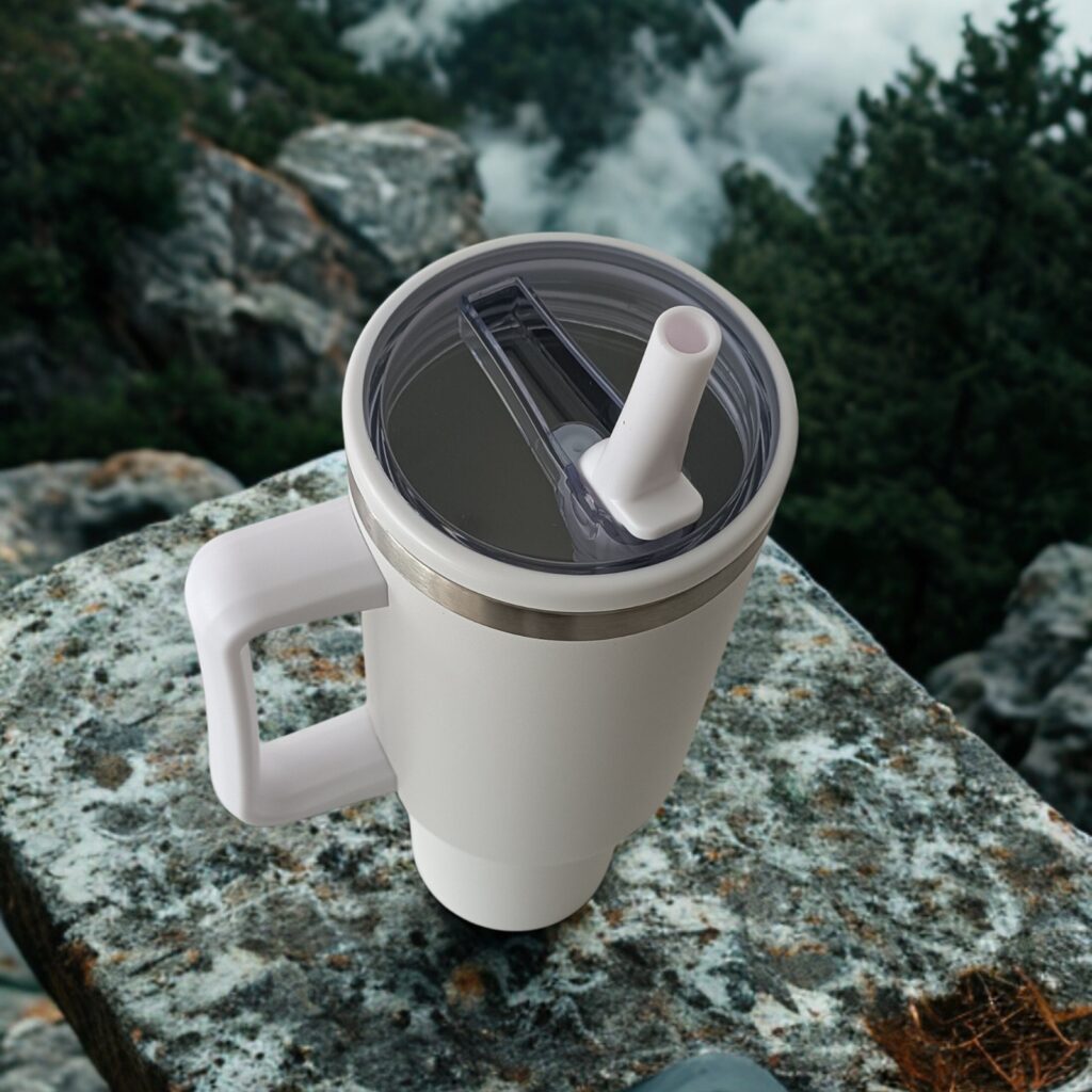 40oz Travel Tumbler White - table, mountains, forest, plants, cloudy frost white, modern contemporaty minimalist interior, nature
