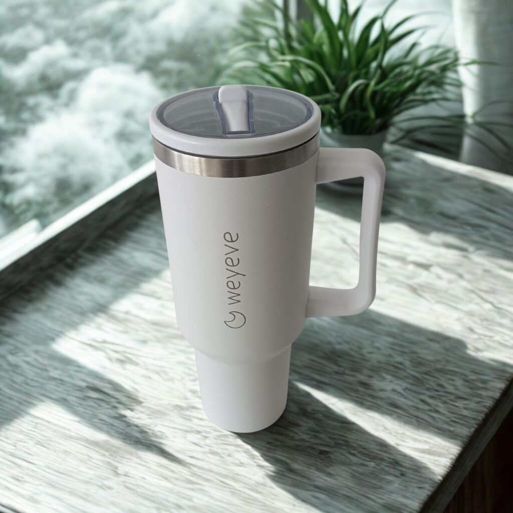 40oz Travel Tumbler White - table, mountains, forest, plants, cloudy frost white, modern contemporaty minimalist interior, nature (2)
