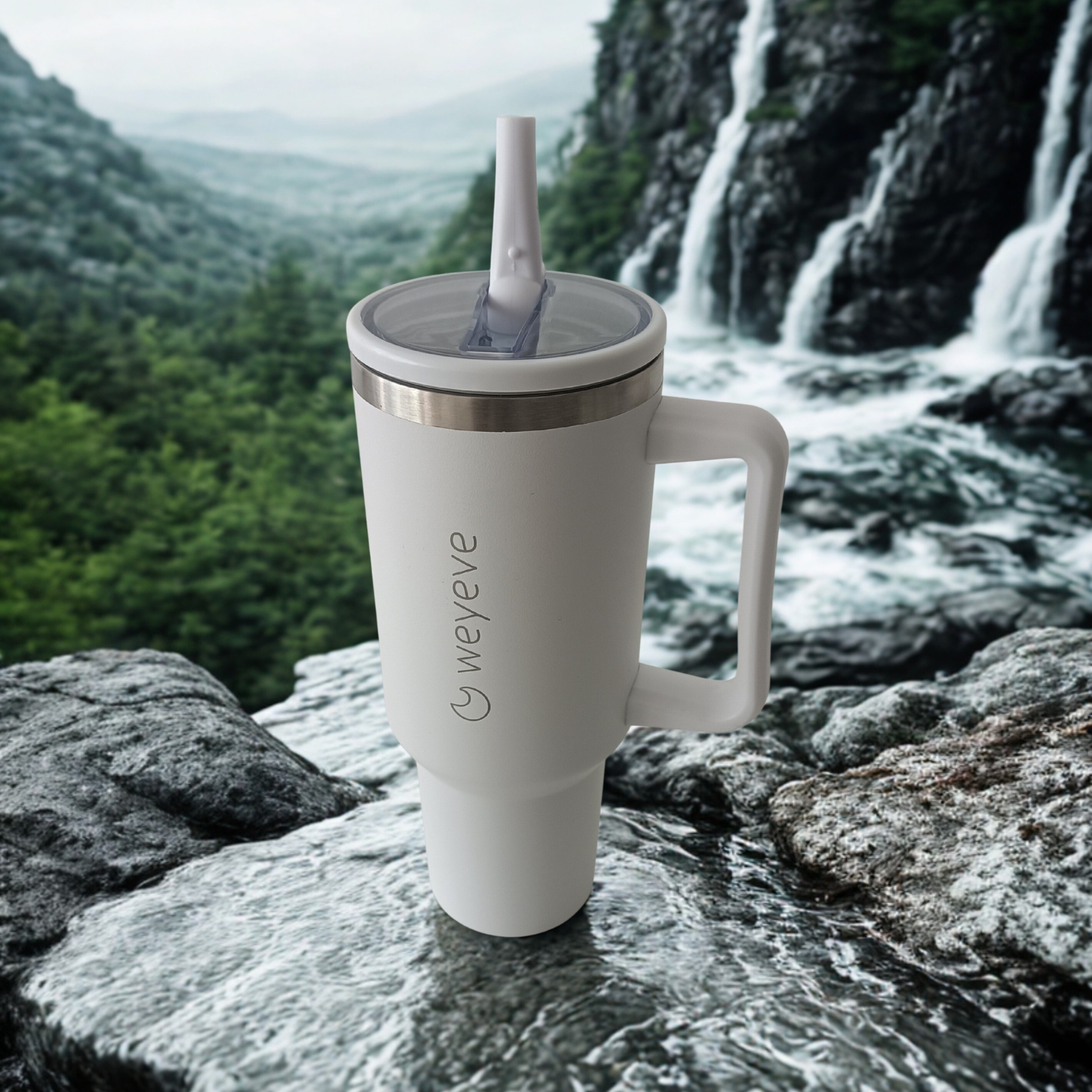 40oz Travel Tumbler White - table, mountains, forest, plants, cloudy frost white, modern contemporaty minimalist interior, nature (3)